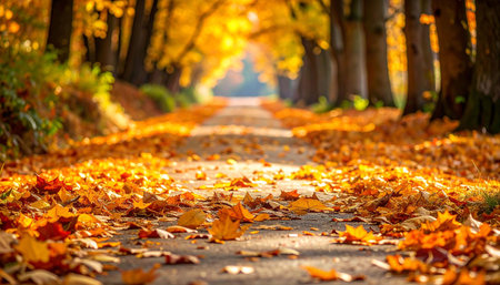 Sunlit autumn path lined with golden trees, strewn with fallen maple leaves, leading to a bright, blurred distanceの素材