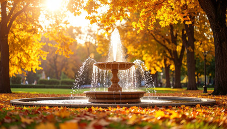 Sunlit autumnal park scene featuring a stone fountain surrounded by golden leaves and treesの素材