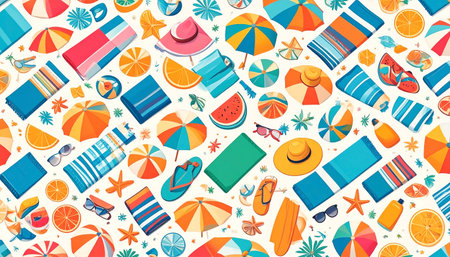 Vibrant summer pattern featuring beach umbrellas, towels, sunglasses, fruit, and beach balls on a white background.  Isometric style illustrationの素材