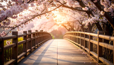 Sunlit wooden footbridge arched by blossoming cherry trees, creating a serene, picturesque pathwayの素材
