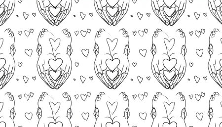 Seamless pattern of hands cradling hearts, interspersed with smaller hearts, creating a repetitive, symmetrical design in black line artの素材