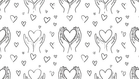 Seamless pattern of hands cupping hearts, surrounded by smaller hearts, all in a simple line drawing style on a white backgroundの素材
