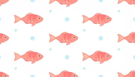 Seamless pattern of stylized pink fish swimming amidst light-blue bubbles on a white backgroundの素材