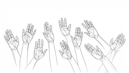 Geometric line drawing of numerous hands reaching upward, suggesting unity, participation, or a call to action.  The style is minimalist and stylizedの素材