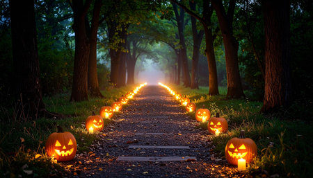 A misty, autumnal path lined with glowing jack-o'-lanterns leads into a mysterious, wooded areaの素材