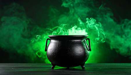 A black cauldron sits on a dark wood surface, emitting swirling green smoke against a moody green backgroundの素材