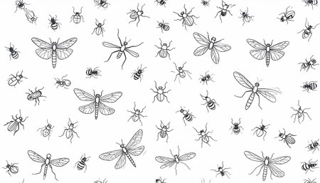 A repeating pattern of meticulously drawn insects, including bees, ants, flies, and dragonflies, in varying sizes and orientations on a white background, showcasing detailed lineworkの素材