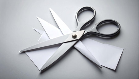 Sleek silver scissors pierce through several pieces of folded white paper, lying on a light grey surface; a sharp, clean imageの素材
