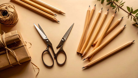 Flatlay of  scissors, pencils, twine, and a wrapped gift on a beige background, accented by a sprig of greeneryの素材