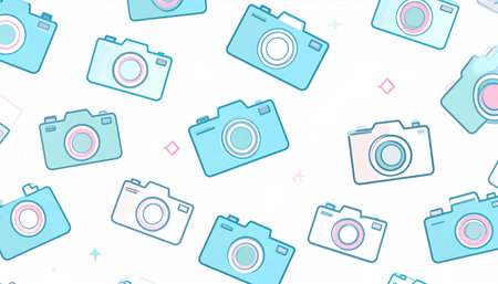 A whimsical pattern of pastel-colored cameras scattered across a white background, adorned with subtle light-blue and pink accentsの素材