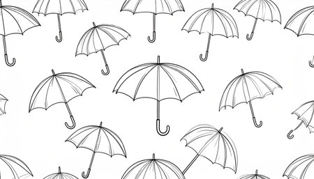 Seamless pattern of hand-drawn umbrellas, varying in size and angle, sketched in black ink on a white background; a simple, repeating designの素材