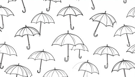 A repeating pattern of sketched umbrellas, varying in size and angle, creates a monochrome design on a white background.  The simple line drawings suggest a lighthearted, possibly rainy, themeの素材