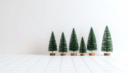 Five miniature bottlebrush Christmas trees of varying heights, arranged in a row on a white tiled floor against a white wallの素材