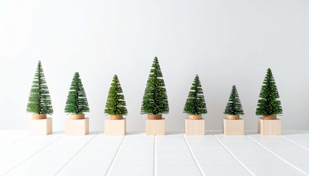 Seven miniature artificial evergreen trees of varying heights sit atop small, light-colored wooden blocks arranged in a row against a white backgroundの素材
