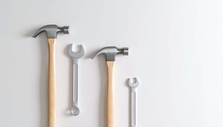Two claw hammers and two wrenches arranged vertically on a plain white background, tools angled slightly rightの素材