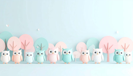 Pastel owls and trees against a light blue background.  A row of stylized paper owls in soft pink, teal, and white stand before a backdrop of similarly colored paper trees and small heartsの素材