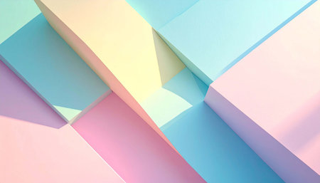 Pastel-hued geometric shapes intersect, casting soft shadows, creating a visually calming and abstract compositionの素材