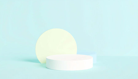 Pastel-colored geometric shapes, a white cylinder platform, a pale yellow circle, and a light blue cube, are arranged on a light blue backgroundの素材