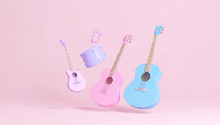Three pastel acoustic guitars, a drum, and a musical note levitate against a soft pink background; a playful, minimalist music sceneの素材
