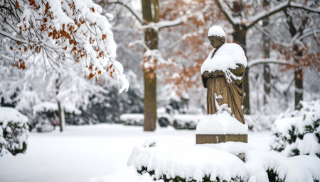 Snow-covered statue in a park, winter scene;  robed figure, arms crossed,  surrounded by snow-laden trees and shrubsの素材