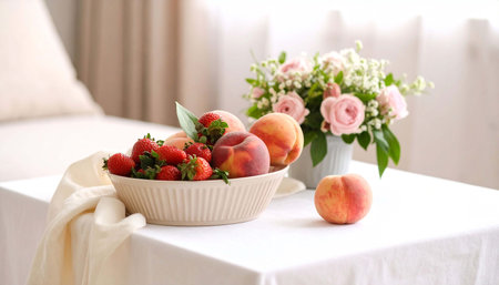 A sunlit table displays a bowl of ripe strawberries and peaches alongside a vase of pink roses and lilies of the valley.  A linen napkin rests nearbyの素材