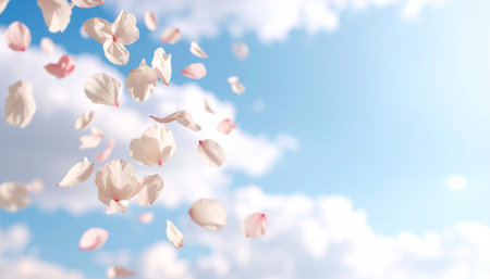Delicate pink and white petals gently float against a backdrop of a light blue sky and fluffy white clouds, creating a serene and airy atmosphereの素材