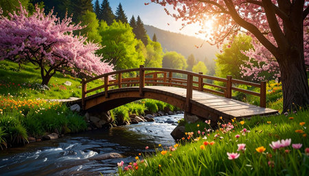Serene springtime scene sunlit valley, flowering trees flanking a wooden bridge arching over a meandering stream, vibrant wildflowers carpet the banksの素材