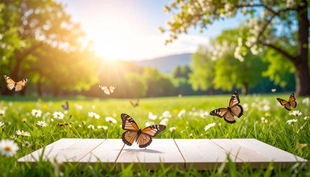Sunlit meadow with blooming daisies, several butterflies in flight, and a light-colored wooden plank in the foreground, set against a softly blurred background of trees and mountains under a vibrant skyの素材