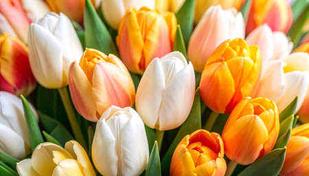 A vibrant close-up of a bouquet featuring numerous tulips in varying shades of white, orange, and peach, nestled amongst lush green leaves.  The image showcases the smooth petals and delicate texture of the flowersの素材