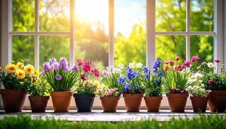 Sunlit windowsill displays a vibrant row of potted spring flowers in terracotta pots, showcasing diverse colors and blooms against a backdrop of lush greeneryの素材