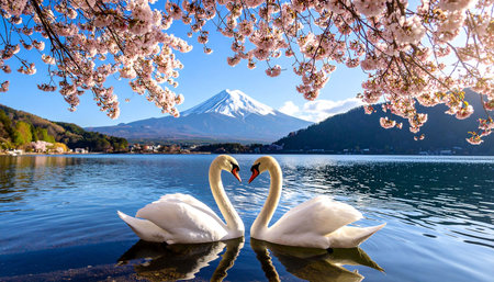 Two swans forming a heart shape on a serene lake, framed by vibrant cherry blossoms and a majestic snow-capped mountain under a clear blue skyの素材