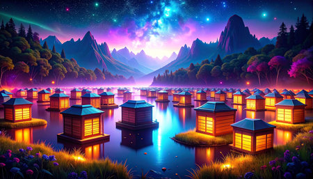 Floating homes on a vibrant, mystical lake.  Mountains, forests, and glowing lights fill a magical sceneの素材