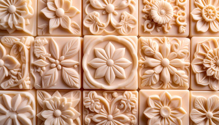 Close-up of an array of pale beige, square soaps, each intricately carved with unique floral and leaf patterns in reliefの素材