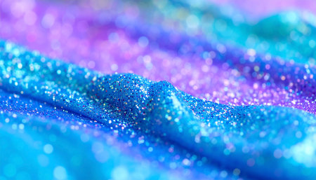 Shimmering iridescent fabric in blues, purples, and hints of pinks, creating a flowing, textured, and glittering abstract pattern.  The shallow depth of field emphasizes the surface details and light reflectionsの素材