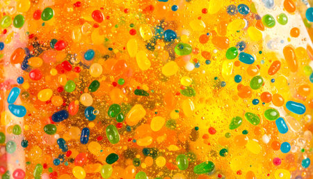 Close-up of vibrant, multicolored jelly beans suspended in a translucent, amber-hued liquid, creating a visually rich and textured surfaceの素材