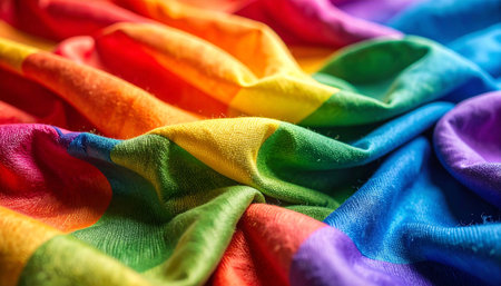 Close-up of a vibrant, multicolored fabric with deep folds and wrinkles, showcasing a rainbow spectrum of hues.  The texture is subtly plushの素材
