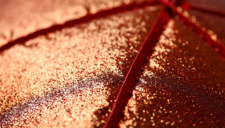 Close-up of a richly textured, dark reddish-brown surface, adorned with fine glitter and accented by thin, dark red seams.  The glitter creates a shimmering, slightly iridescent effectの素材