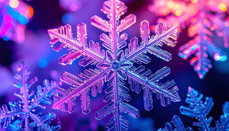Intricate, translucent snowflake in vibrant purple and pink hues, sharply focused against a bokeh background of blurred, multicolored snowflakesの素材