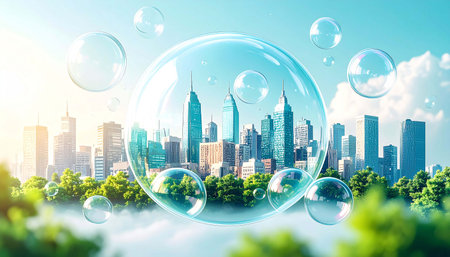 A modern city skyline encapsulated within a large, transparent bubble, surrounded by smaller bubbles floating above a hazy, green landscape under a bright, sunny skyの素材