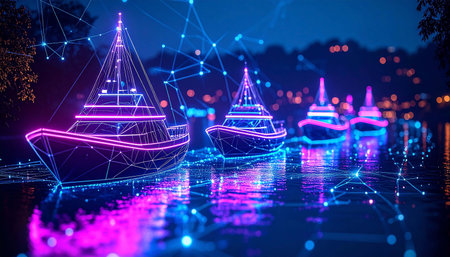Futuristic boats at night, glowing with neon lines. Connected by digital network over waterの素材