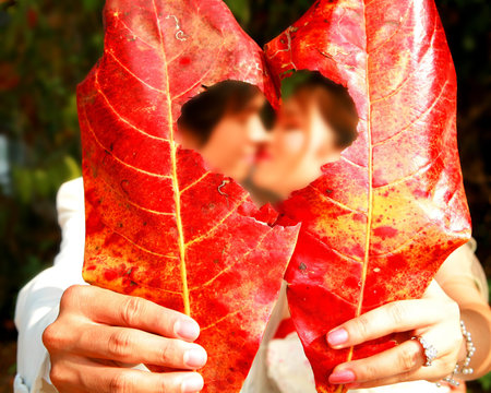 Couple kissing behind the red leaf of wedding