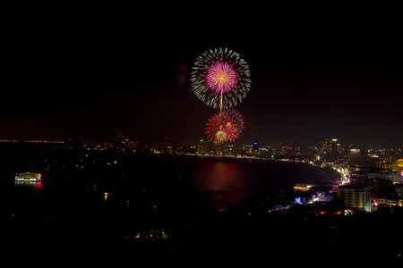 Night view and firework at Pattaya city, Thailandの写真素材