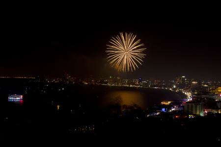 Night view and firework at Pattaya city, Thailandの写真素材