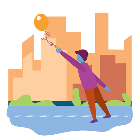 Illustration of someone holding a balloon flying. Illustration of the spirit of someone chasing a balloon as a symbol of the pursuit of success. Flat illustration of people hold balloons that will flyのイラスト素材