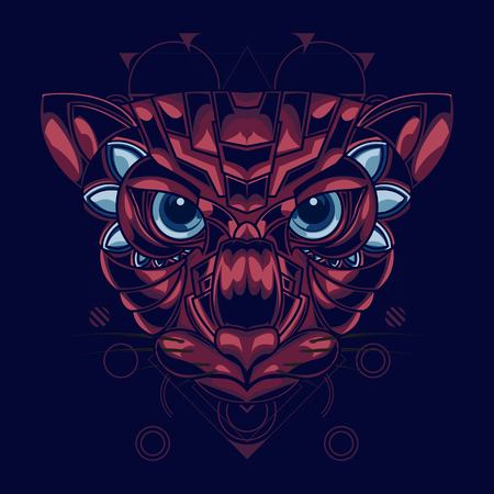 Illustration of a cat's head with red and blue colour combination and an attractive and unique ornamental styleのイラスト素材