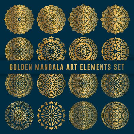 Detailed golden mandala art set element. Vintage mandala art with rounded floral abstract ornament. Mandala pattern backgroundのイラスト素材