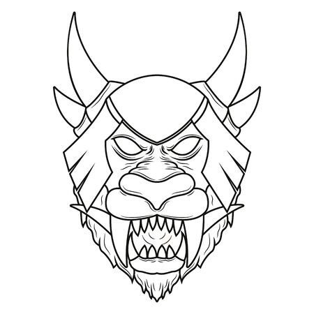 Mythical Lion demon head line art illustration. Detailed vector art of a horned mythological lion headのイラスト素材