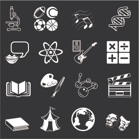 a subject category icon set eg. science, maths, language, literature, history, geography, musical, physical education etcのイラスト素材