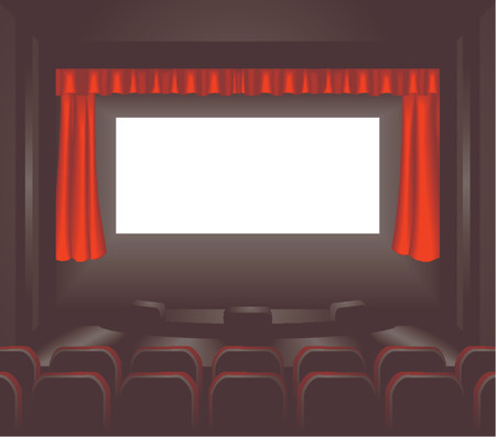 a blank cinema screen lighting up a dark movie theatre for you to place what you like on. Shading by blends not meshのイラスト素材