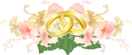 Wedding motif. Wedding motif featuring intertwined wedding bands or rings and beautiful hibiscus flowers のイラスト素材